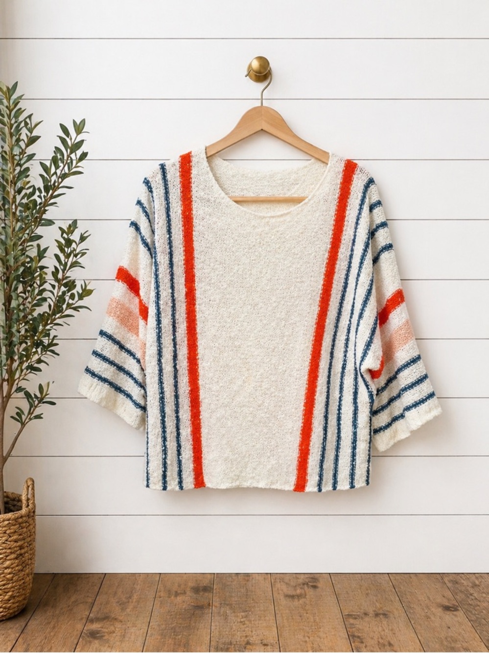 ♥️💙 Lightweight Striped Sweater Size L | 3/4 Sleeve Boho Knit Top Spring Summer